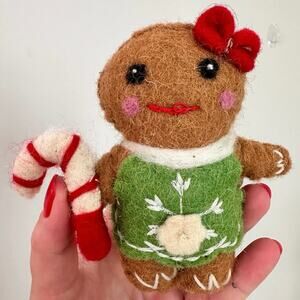 Vtg Christmas Gingerbread Cookie Girl Felt Handmade Holiday Stuffed Animal Plush